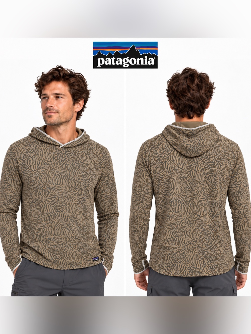 NWT Patagonia Men's Tropic Comfort Natural Sun Hoody Animal Print Brown & Green